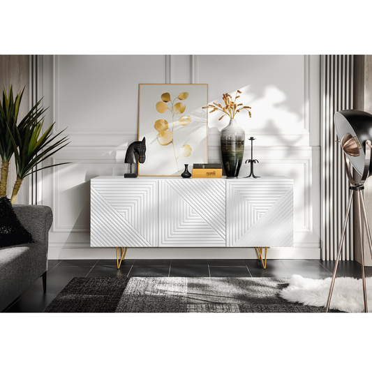 PIRÁMIDE - Aparador con frentes/puertas de MDF fresado en 3D - Blanco mate – Furnica