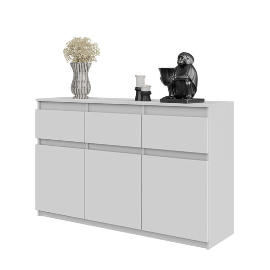 NOAH - Cómoda de 3 cajones y 3 puertas - Armario de almacenamiento para dormitorio - Aparador - Blanco Mate - A75cm A120cm