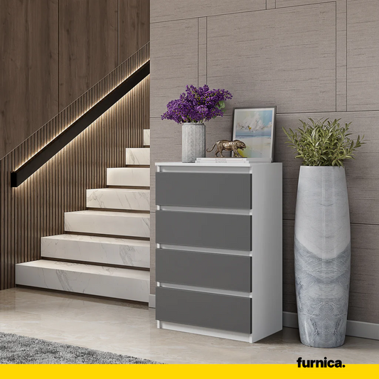 GABRIEL - Cómoda de 4 cajones - Armario de almacenamiento para el dormitorio - Aparador - Blanco Mate / Antracita A92cm A60cm P33cm