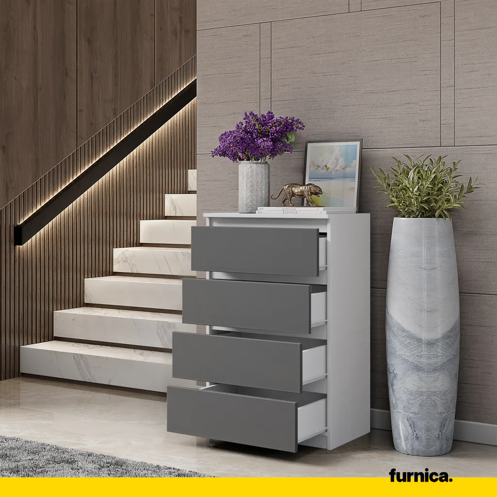 GABRIEL - Cómoda de 4 cajones - Armario de almacenamiento para el dormitorio - Aparador - Blanco Mate / Antracita A92cm (3)