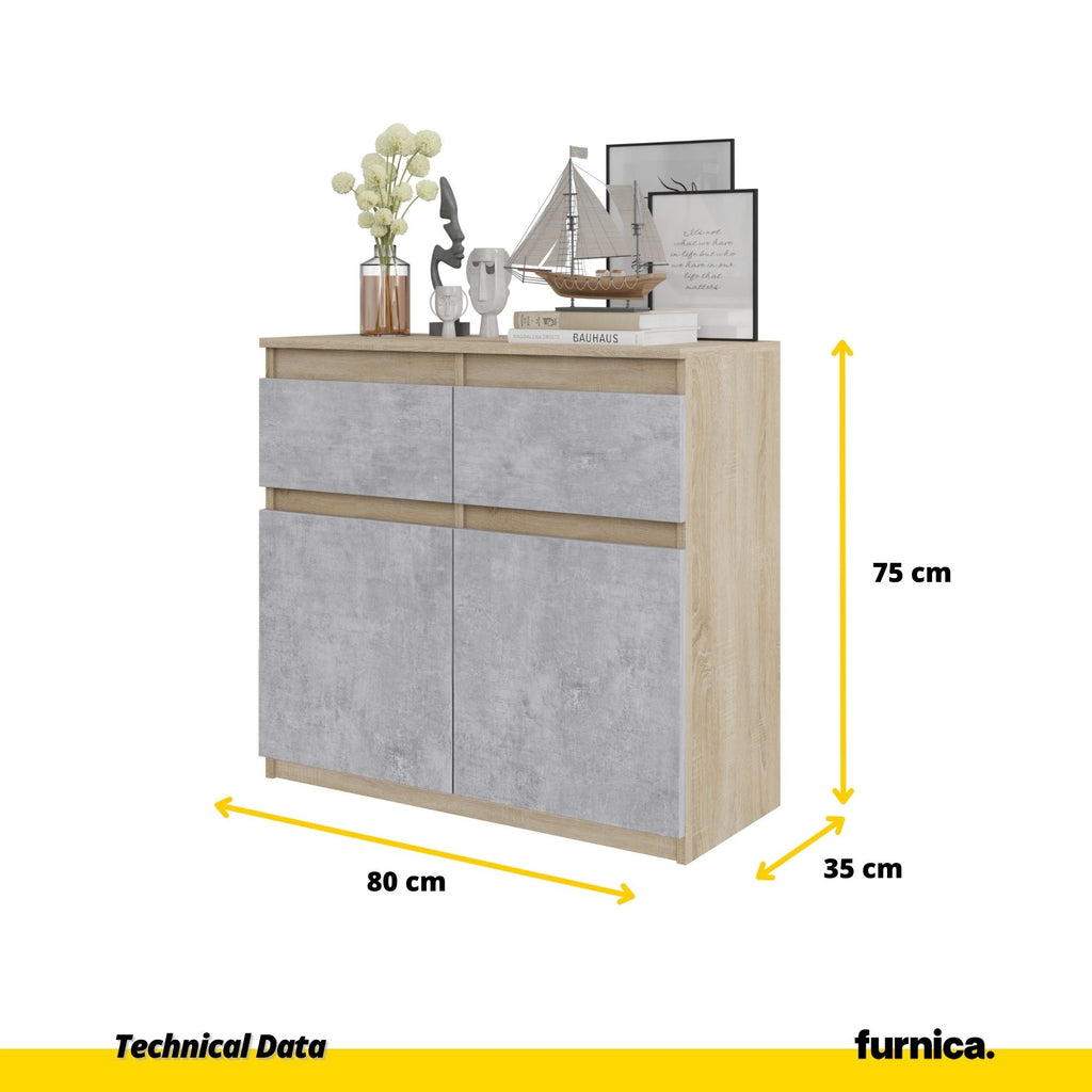 NOAH - Cómoda de 2 cajones y 2 puertas - Armario de almacenamiento para dormitorio - Aparador - Roble Sonoma / Hormigón - A75cm A80cm P35cm