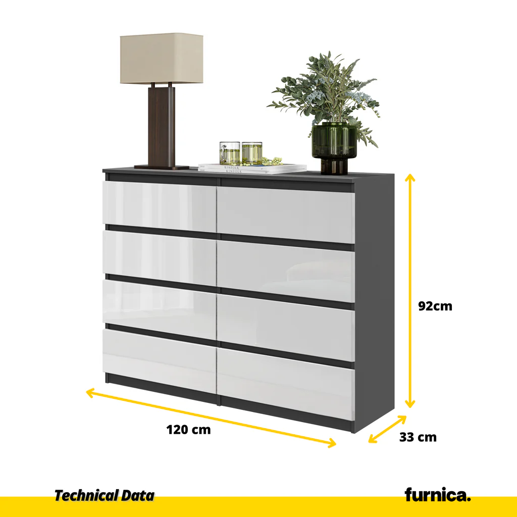 GABRIEL - Cómoda de 8 cajones - Armario de almacenamiento para dormitorio - Antracita / Blanco Brillante A92cm A120cm (4)