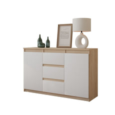 MIKEL - Cómoda de 3 cajones y 2 puertas - Armario de almacenamiento para dormitorio - Aparador - Roble Sonoma / Blanco Mate - A75cm A120cm P35cm