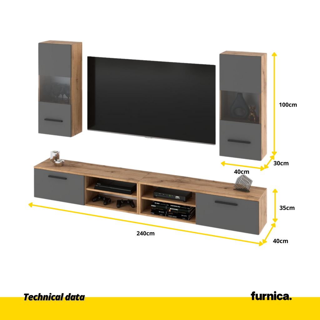 MIRANDA - Mueble TV colgante - 4 armarios - Roble Wotan / Gris Antracita