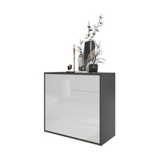 CAMILLE - Aparador con puerta y 4 cajones de apertura push to open - Antracita / Brillo blanco H74cm W80cm D36cm