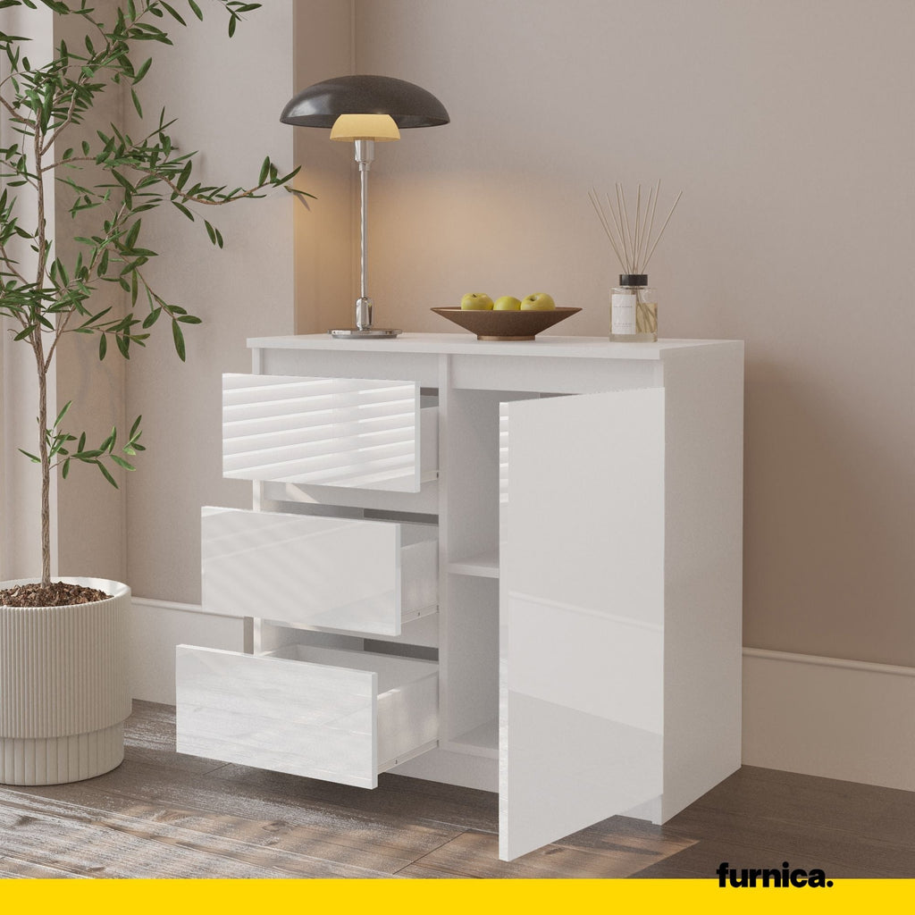 MIKEL - Cómoda de 3 cajones y 1 puerta - Armario de almacenamiento para dormitorio - Blanco Mate / Blanco Brillante - A75cm A80cm P35cm