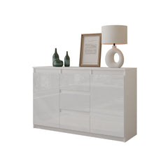 MIKEL - Cómoda de 3 cajones y 2 puertas - Armario de almacenamiento para dormitorio - Aparador - Blanco Mate / Blanco Brillante - A75cm A120cm P35cm