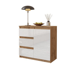 MIKEL - Cómoda de 3 cajones y 1 puerta - Gabinete de almacenamiento para dormitorio - Aparador - Roble Wotan / Blanco Brillante - A75cm A80cm P35cm