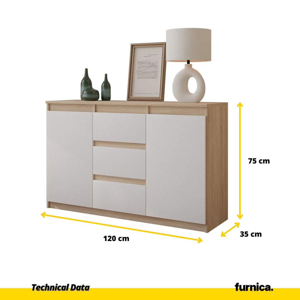 MIKEL - Cómoda de 3 cajones y 2 puertas - Armario de almacenamiento para dormitorio - Aparador - Roble Sonoma / Blanco Mate - A75cm A120cm P35cm