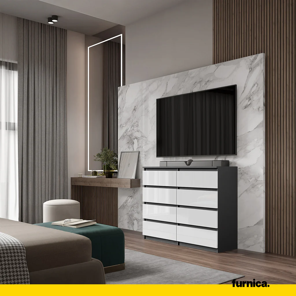 GABRIEL - Cómoda de 8 cajones - Armario de almacenamiento para dormitorio - Antracita / Blanco Brillante A92cm A120cm (2)