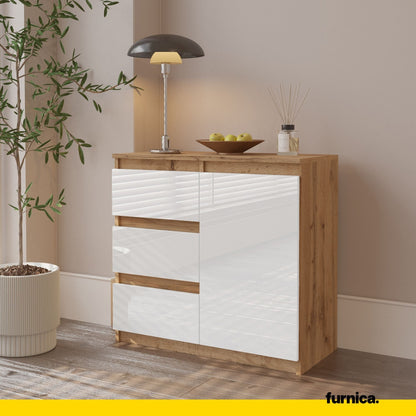 MIKEL - Cómoda de 3 cajones y 1 puerta - Gabinete de almacenamiento para dormitorio - Aparador - Roble Wotan / Blanco (4)