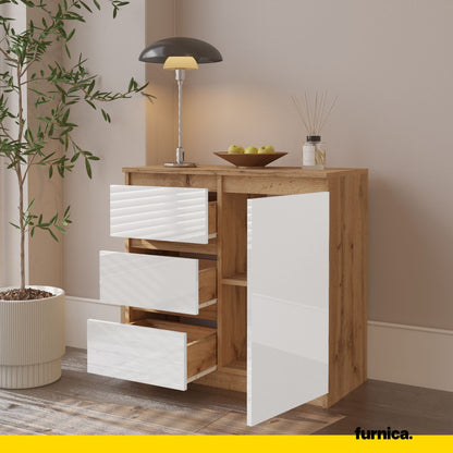 MIKEL - Cómoda de 3 cajones y 1 puerta - Gabinete de almacenamiento para dormitorio - Aparador - Roble Wotan / Blanco (5)