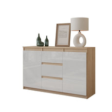 MIKEL - Cómoda de 3 cajones y 2 puertas - Armario de almacenamiento para dormitorio - Aparador - Roble Sonoma / Blanco Brillante - A75cm A120cm P35cm