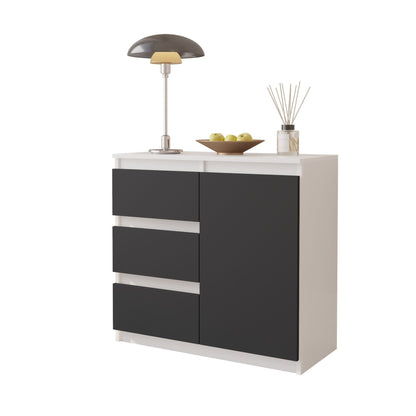 MIKEL - Cómoda de 3 cajones y 1 puerta - Armario de almacenamiento para dormitorio - Blanco Mate / Antracita A75cm A80cm