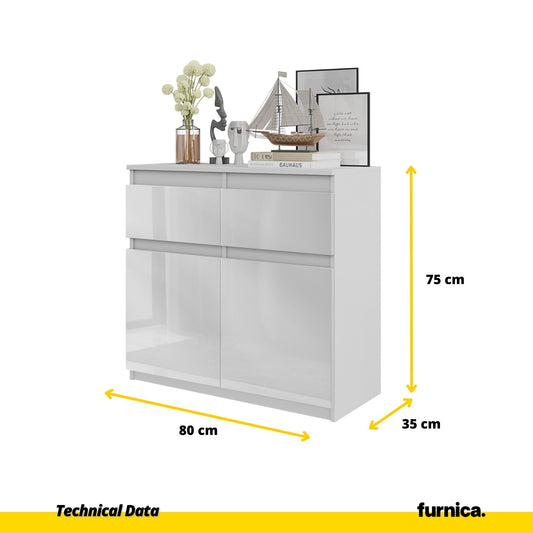 NOAH - Cómoda de 2 cajones y 2 puertas - Armario de almacenamiento para dormitorio - Blanco Mate / Blanco Brillante - (2)