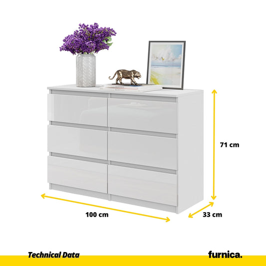 GABRIEL - Cómoda de 6 cajones - Armario de almacenamiento para dormitorio - Blanco Mate / Blanco Brillante A71cm A100cm P33cm