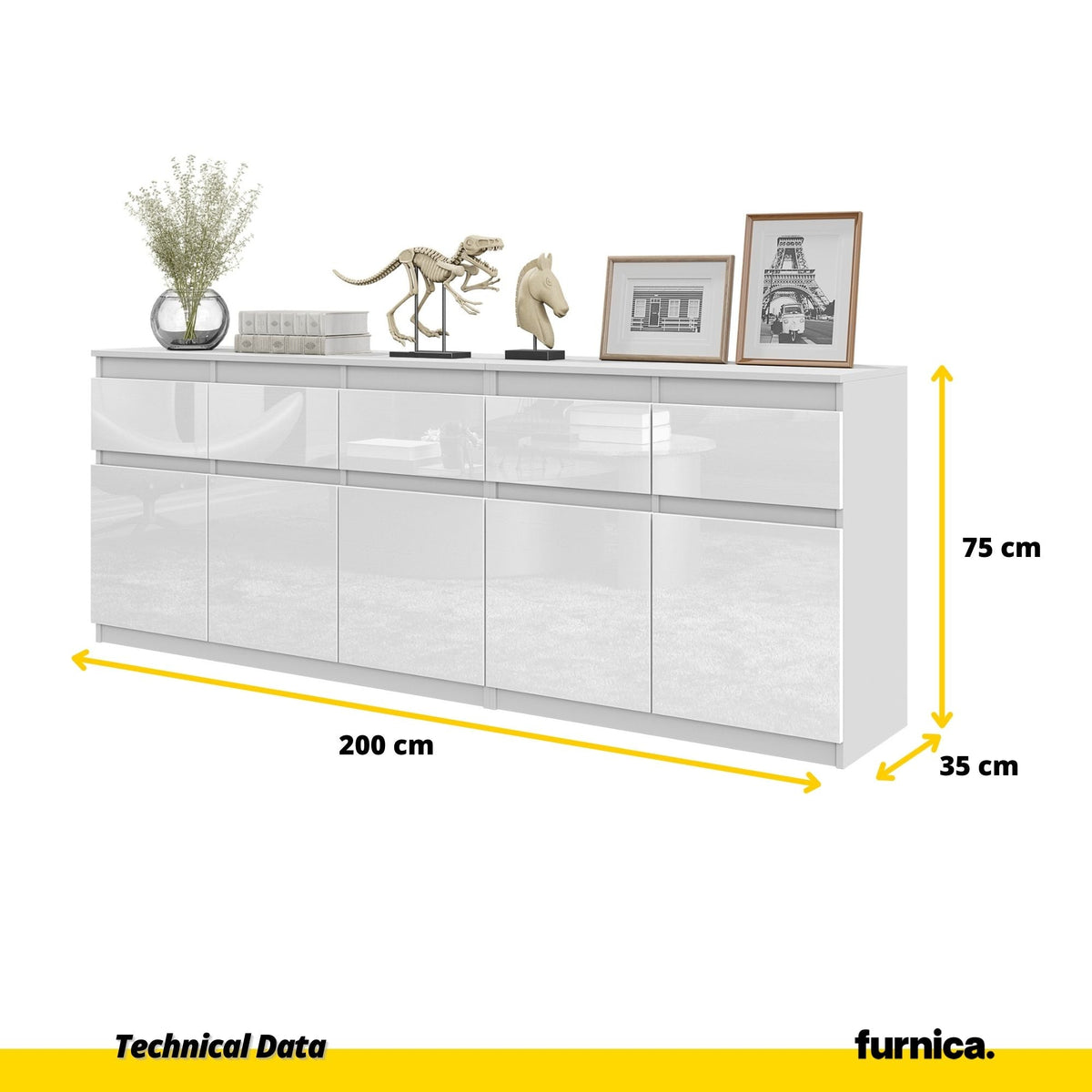 NOAH - Cómoda de 5 cajones y 5 puertas - Armario de almacenamiento para dormitorio - Blanco Mate / Blanco Brillante - (2)