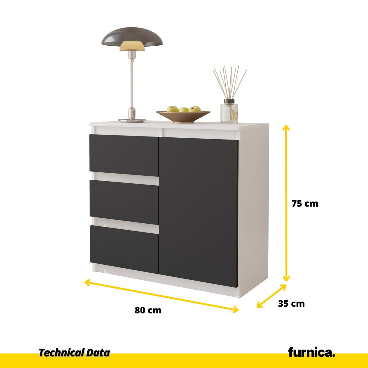 MIKEL - Cómoda de 3 cajones y 1 puerta - Armario de almacenamiento para dormitorio - Blanco Mate / Antracita A75cm A80cm (2)