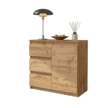 MIKEL - Cómoda de 3 cajones y 1 puerta - Gabinete de almacenamiento para dormitorio - Aparador - Roble Wotan - A75cm A80cm