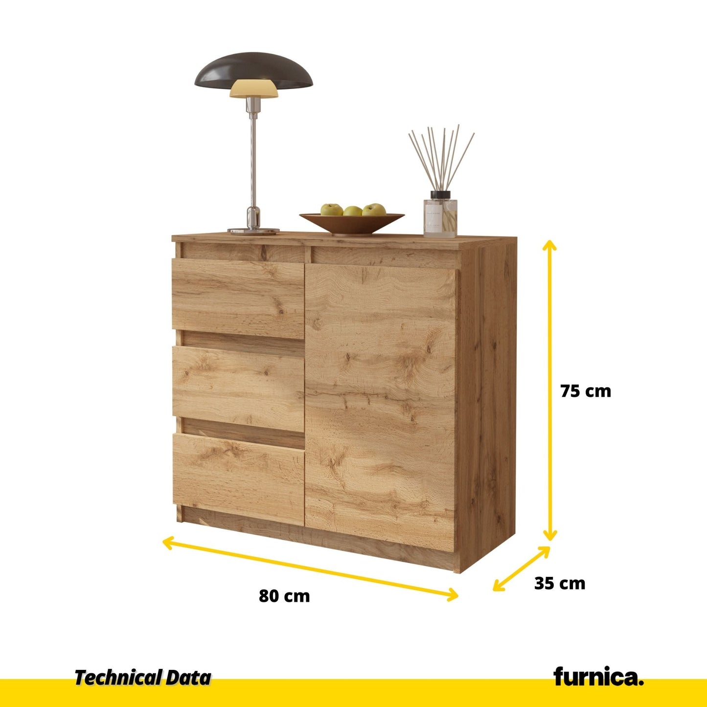 MIKEL - Cómoda de 3 cajones y 1 puerta - Gabinete de almacenamiento para dormitorio - Aparador - Roble Wotan - A75cm (2)