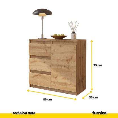 MIKEL - Cómoda de 3 cajones y 1 puerta - Gabinete de almacenamiento para dormitorio - Aparador - Roble Wotan - A75cm (2)