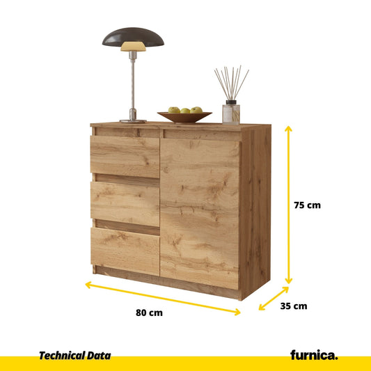MIKEL - Cómoda de 3 cajones y 1 puerta - Gabinete de almacenamiento para dormitorio - Aparador - Roble Wotan - A75cm A80cm P35cm