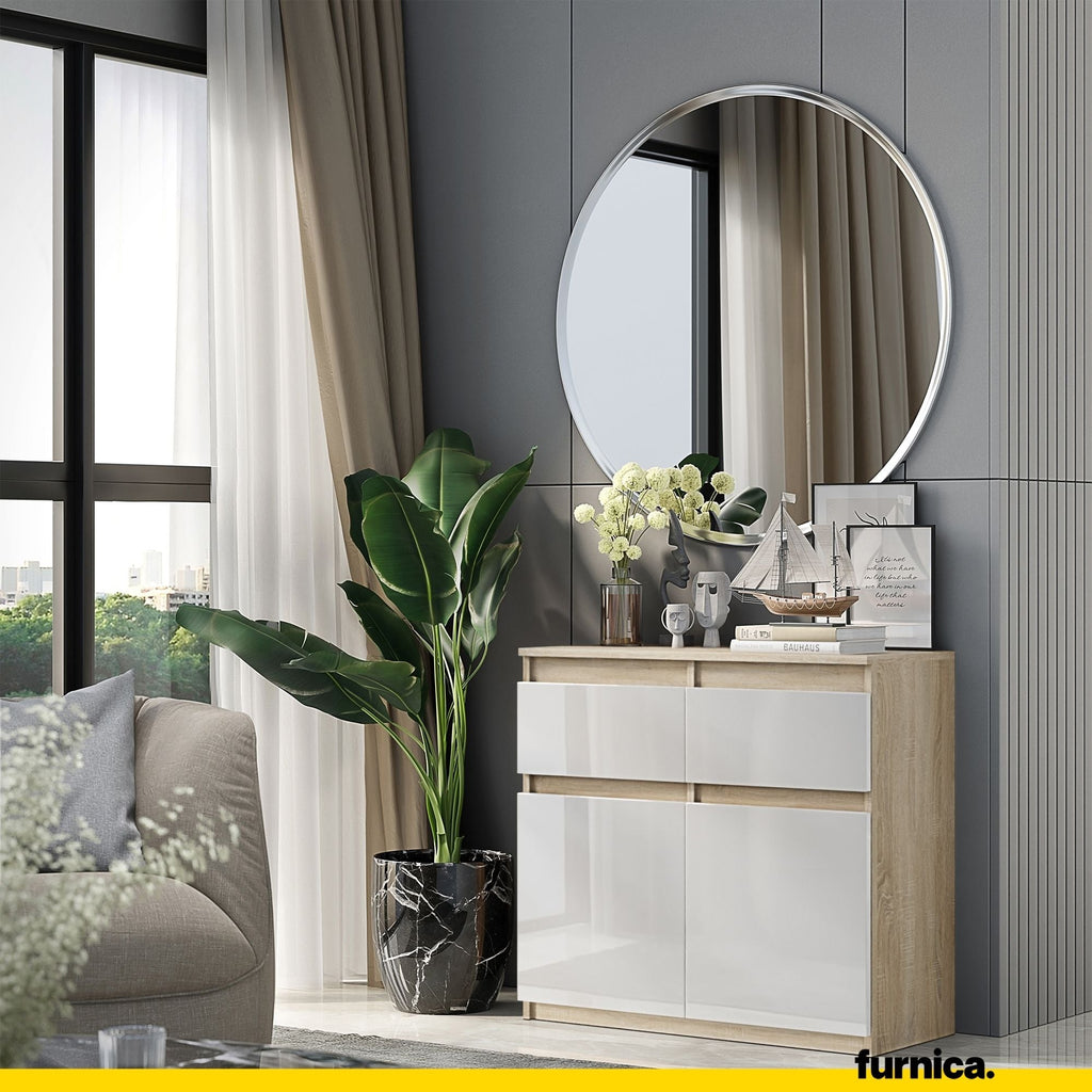 NOAH - Cómoda de 2 cajones y 2 puertas - Armario de almacenamiento para dormitorio - Aparador - Roble Sonoma / Blanco Brillante - A75cm A80cm P35cm