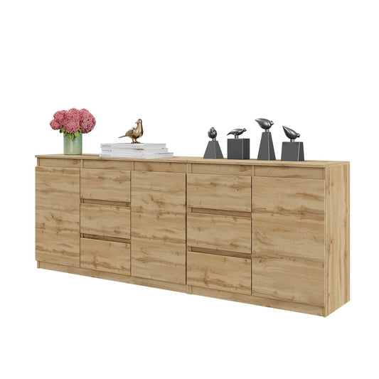 MIKEL - Cómoda de 6 cajones y 3 puertas - Armario de almacenamiento para el dormitorio - Aparador - Roble Wotan - A75cm