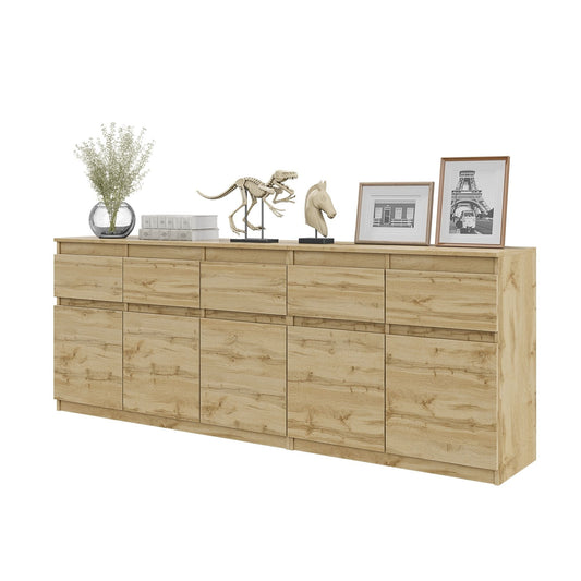 NOAH - Cómoda de 5 cajones y 5 puertas - Armario de almacenamiento para dormitorio - Aparador - Roble Wotan - A75cm A200cm