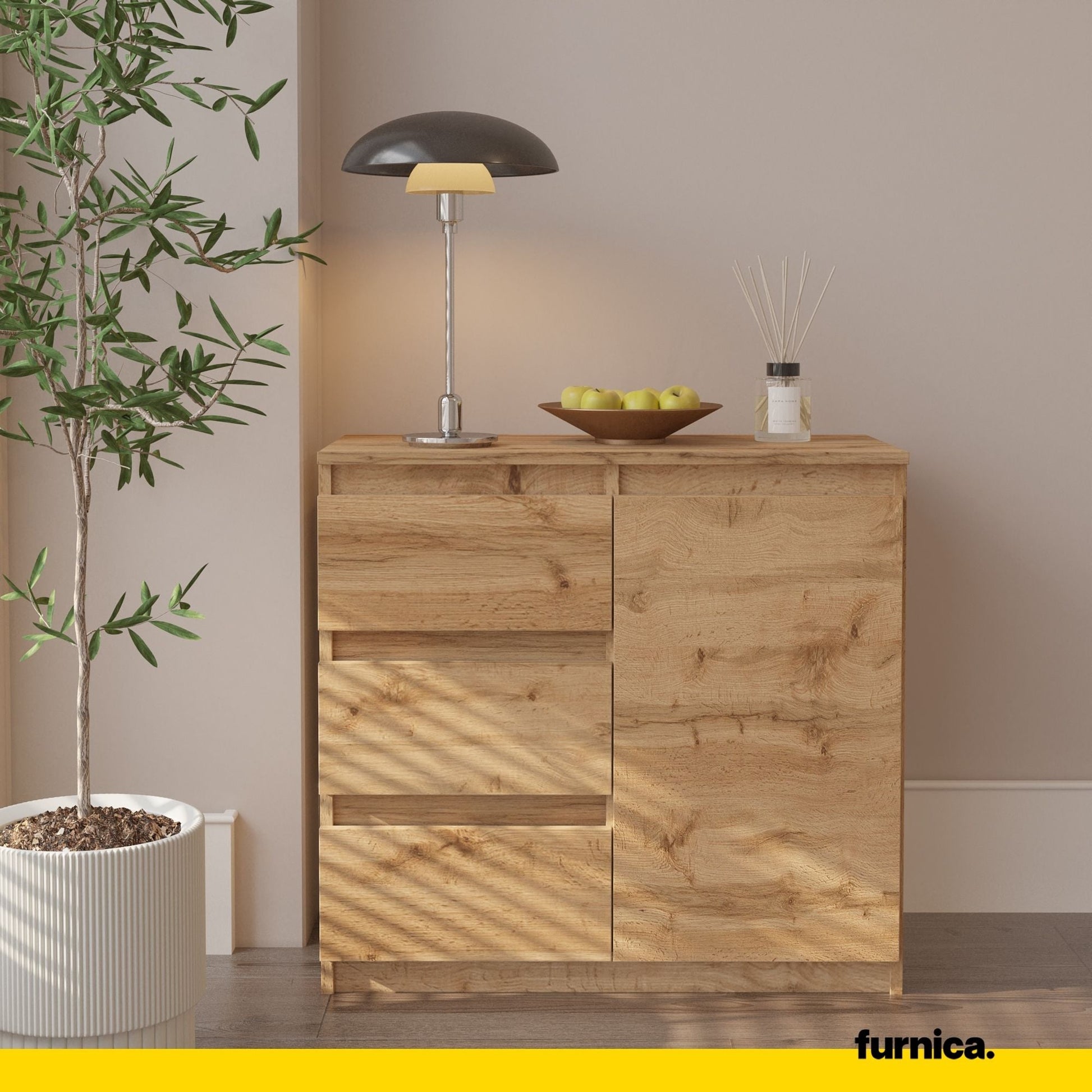 MIKEL - Cómoda de 3 cajones y 1 puerta - Gabinete de almacenamiento para dormitorio - Aparador - Roble Wotan - A75cm (3)