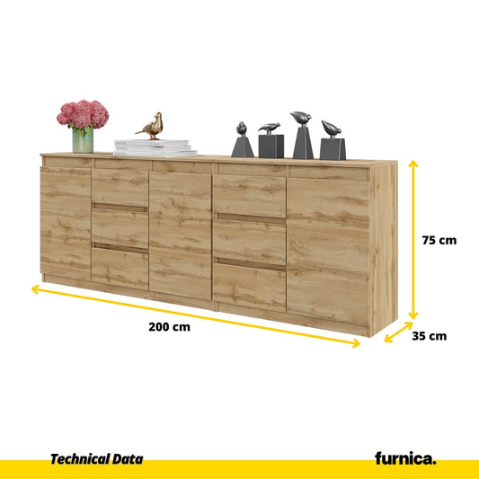 MIKEL - Cómoda de 6 cajones y 3 puertas - Armario de almacenamiento para el dormitorio - Aparador - Roble Wotan - A75cm (2)