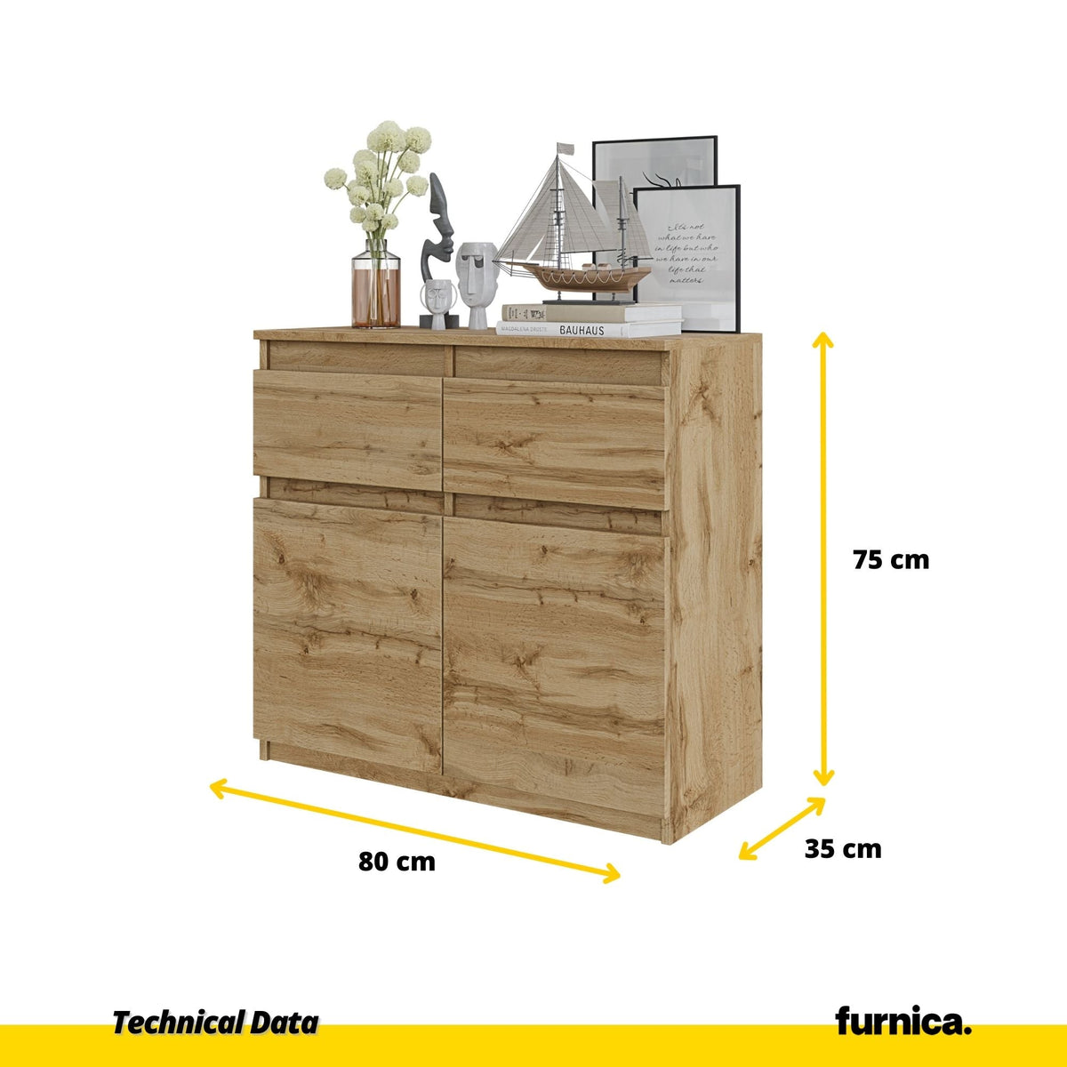 NOAH - Cómoda de 2 cajones y 2 puertas - Armario de almacenamiento para dormitorio - Aparador - Roble Wotan - A75cm (2)
