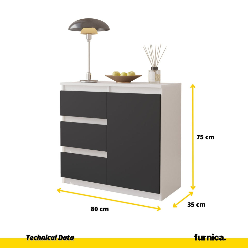 MIKEL - Cómoda de 3 cajones y 1 puerta - Armario de almacenamiento para dormitorio - Blanco Mate / Antracita A75cm A80cm P35cm