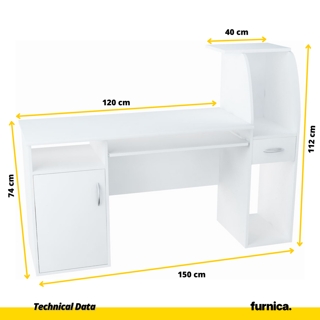 ROBIN - Escritorio de ordenador con 1 cajón, 1 puerta y bandeja para teclado - Blanco Mate - A112cm A150cm P50cm