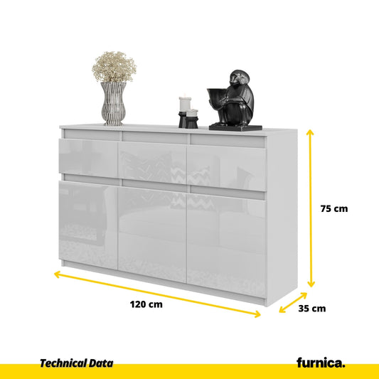 NOAH - Cómoda de 3 cajones y 3 puertas - Armario de almacenamiento para dormitorio - Blanco Mate / Blanco Brillante - (2)