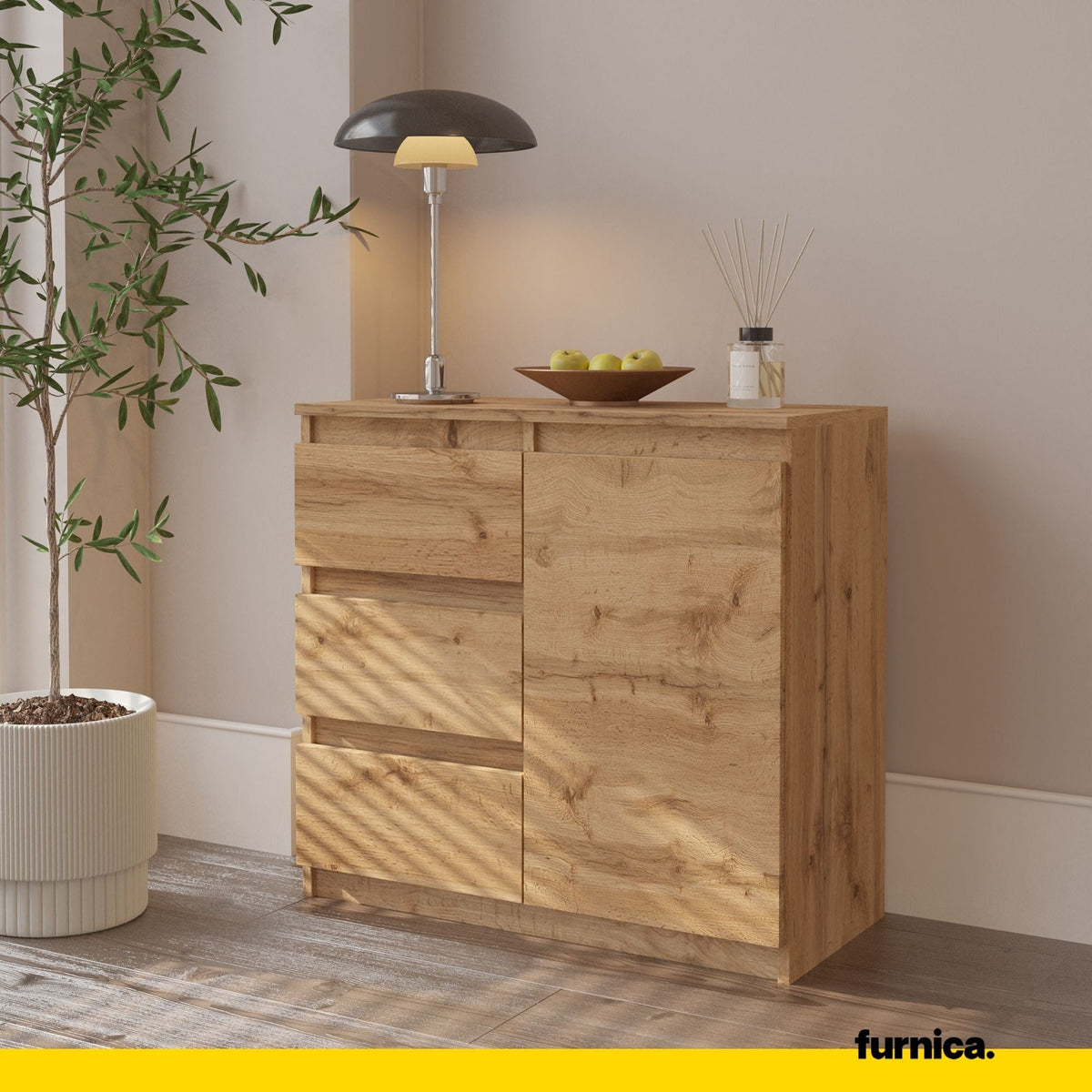 MIKEL - Cómoda de 3 cajones y 1 puerta - Gabinete de almacenamiento para dormitorio - Aparador - Roble Wotan - A75cm (4)