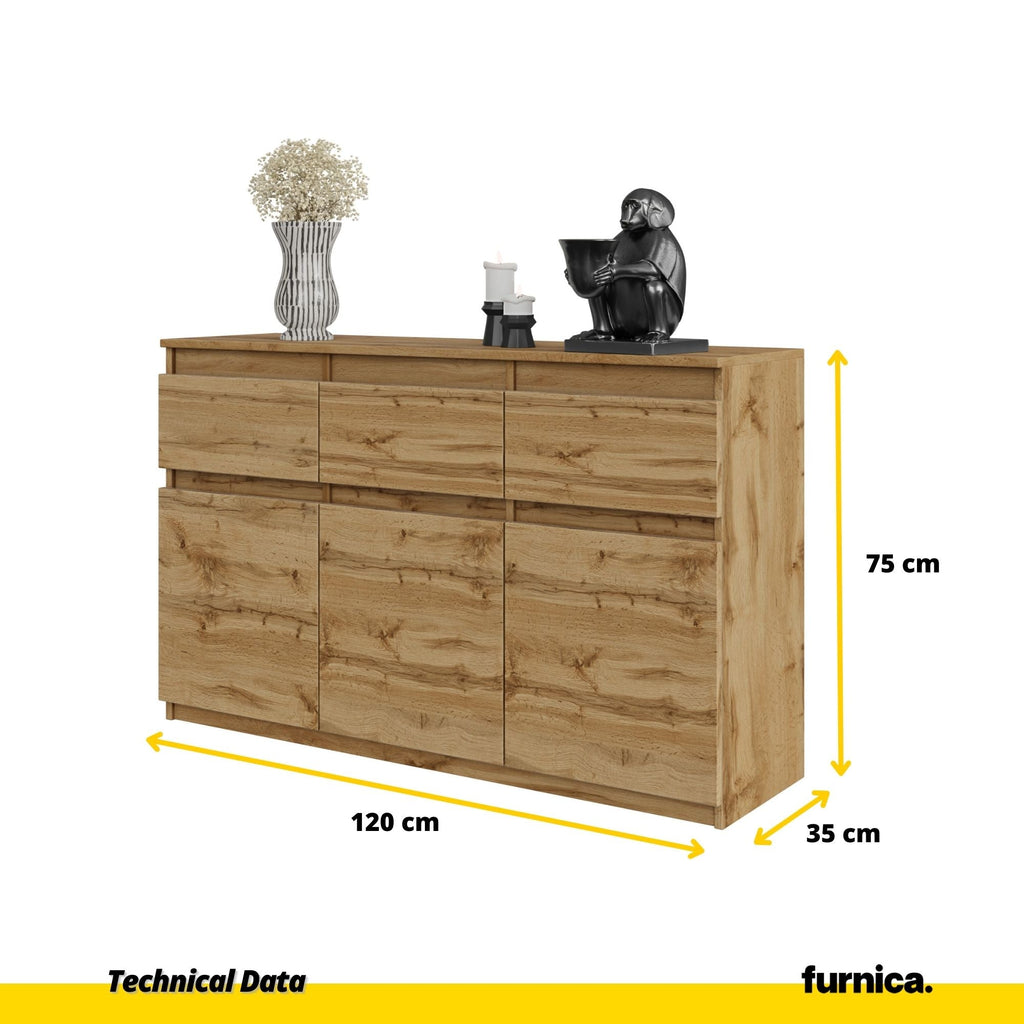 NOAH - Cómoda de 3 cajones y 3 puertas - Armario de almacenamiento para dormitorio - Aparador - Roble Wotan - A75cm A120cm P35cm