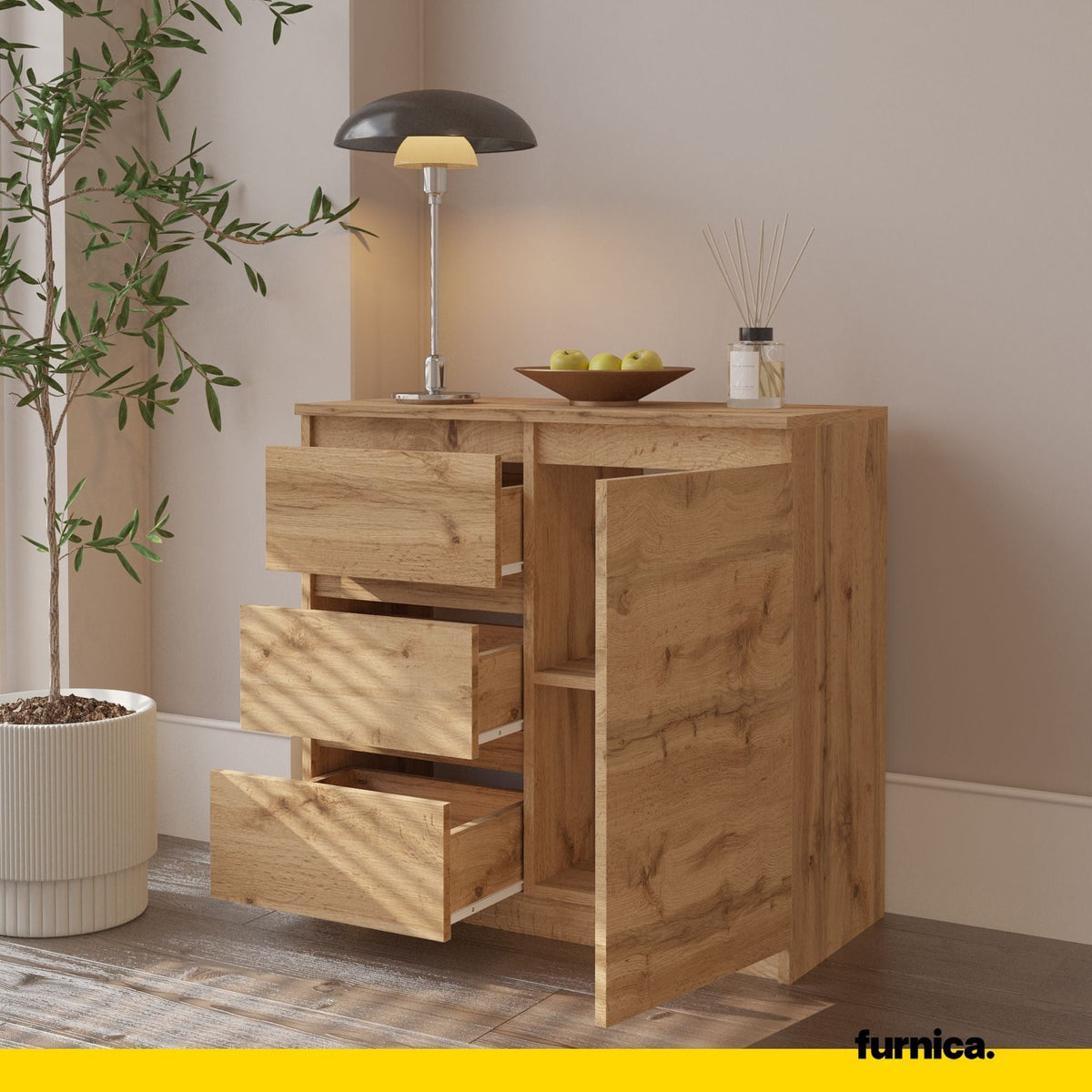 MIKEL - Cómoda de 3 cajones y 1 puerta - Gabinete de almacenamiento para dormitorio - Aparador - Roble Wotan - A75cm (5)