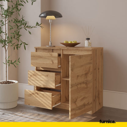 MIKEL - Cómoda de 3 cajones y 1 puerta - Gabinete de almacenamiento para dormitorio - Aparador - Roble Wotan - A75cm (5)