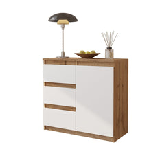 MIKEL - Cómoda de 3 cajones y 1 puerta - Gabinete de almacenamiento para dormitorio - Aparador - Roble Wotan / Blanco Mate - A75cm A80cm P35cm