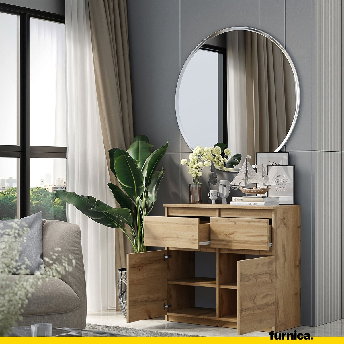 NOAH - Cómoda de 2 cajones y 2 puertas - Armario de almacenamiento para dormitorio - Aparador - Roble Wotan - A75cm (4)