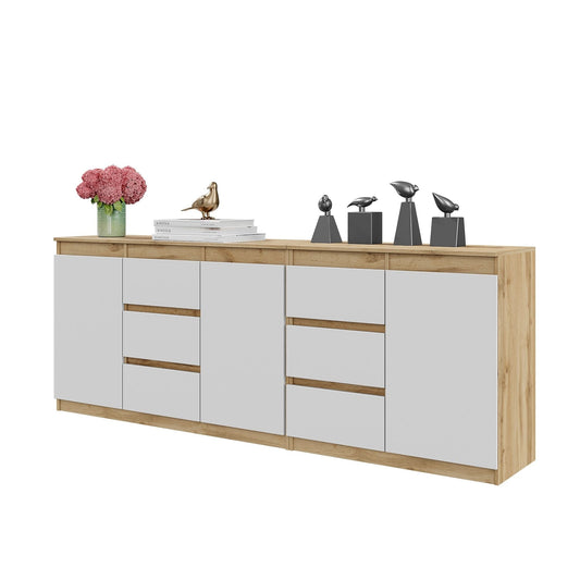 MIKEL - Cómoda de 6 cajones y 3 puertas - Armario de almacenamiento para dormitorio - Aparador - Roble Wotan / Blanco Mate -
