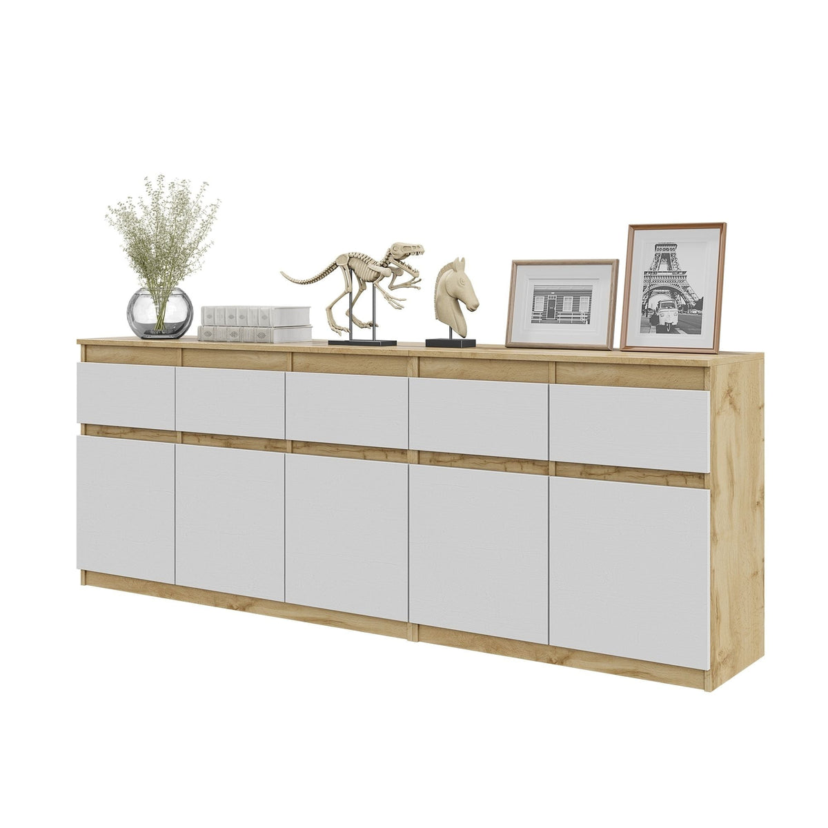 NOAH - Cómoda de 5 cajones y 5 puertas - Armario de almacenamiento para dormitorio - Aparador - Roble Wotan / Blanco Mate -