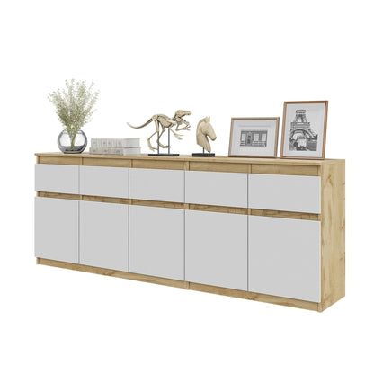 NOAH - Cómoda de 5 cajones y 5 puertas - Armario de almacenamiento para dormitorio - Aparador - Roble Wotan / Blanco Mate -