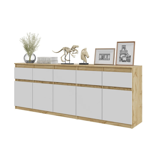 NOAH - Cómoda de 5 cajones y 5 puertas - Armario de almacenamiento para dormitorio - Aparador - Roble Wotan / Blanco Mate -