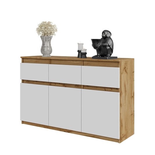 NOAH - Cómoda de 3 cajones y 3 puertas - Armario de almacenamiento para dormitorio - Aparador - Roble Wotan / Blanco Mate -