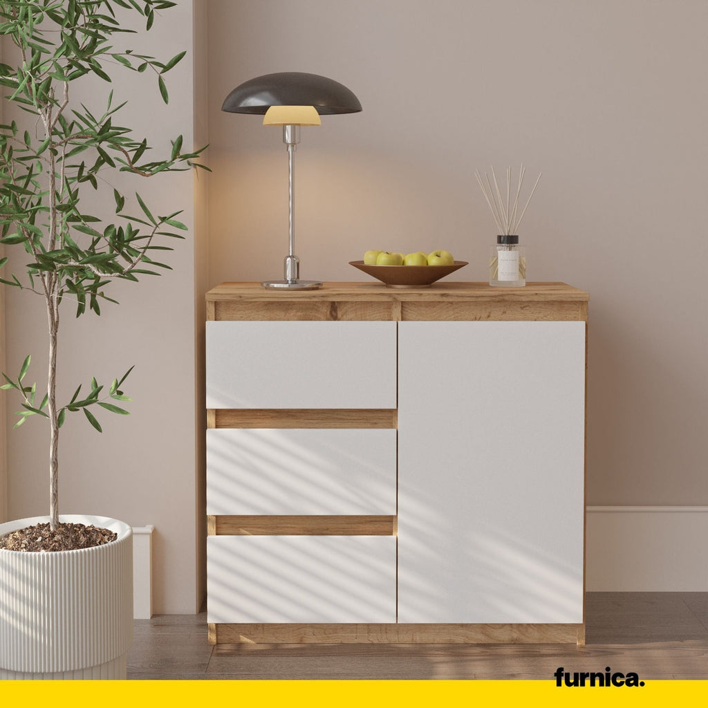 MIKEL - Cómoda de 3 cajones y 1 puerta - Gabinete de almacenamiento para dormitorio - Aparador - Roble Wotan / Blanco Mate - A75cm A80cm P35cm