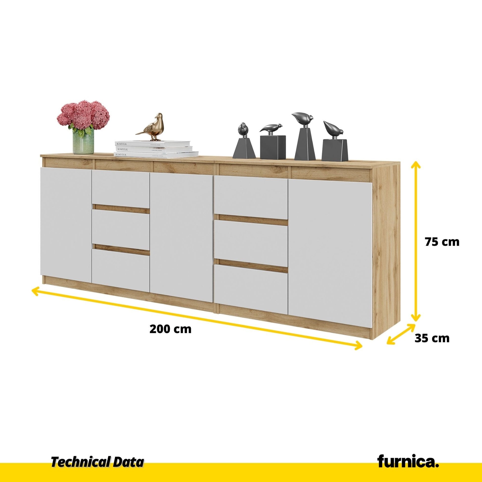 MIKEL - Cómoda de 6 cajones y 3 puertas - Armario de almacenamiento para dormitorio - Aparador - Roble Wotan / Blanco (2)