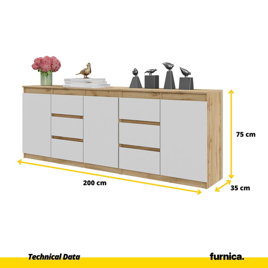 MIKEL - Cómoda de 6 cajones y 3 puertas - Armario de almacenamiento para dormitorio - Aparador - Roble Wotan / Blanco (2)