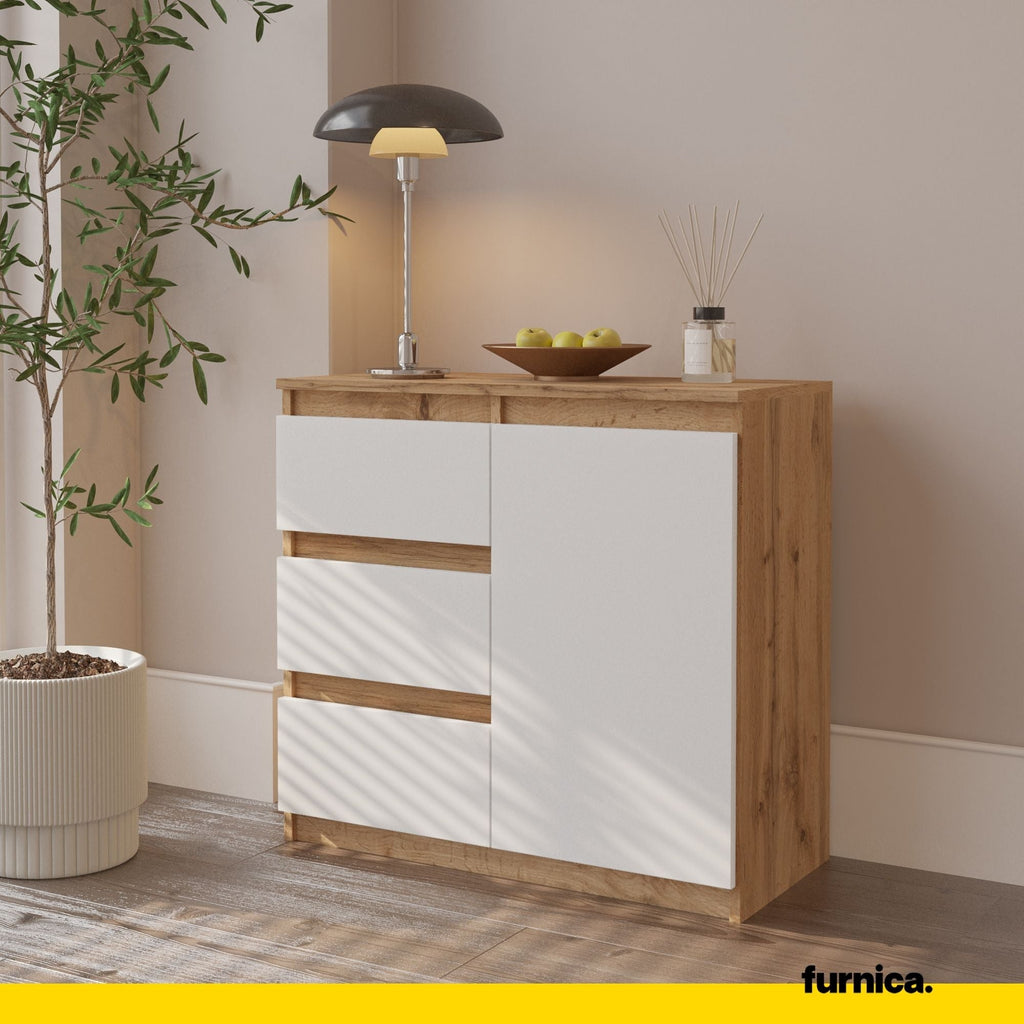 MIKEL - Cómoda de 3 cajones y 1 puerta - Gabinete de almacenamiento para dormitorio - Aparador - Roble Wotan / Blanco Mate - A75cm A80cm P35cm